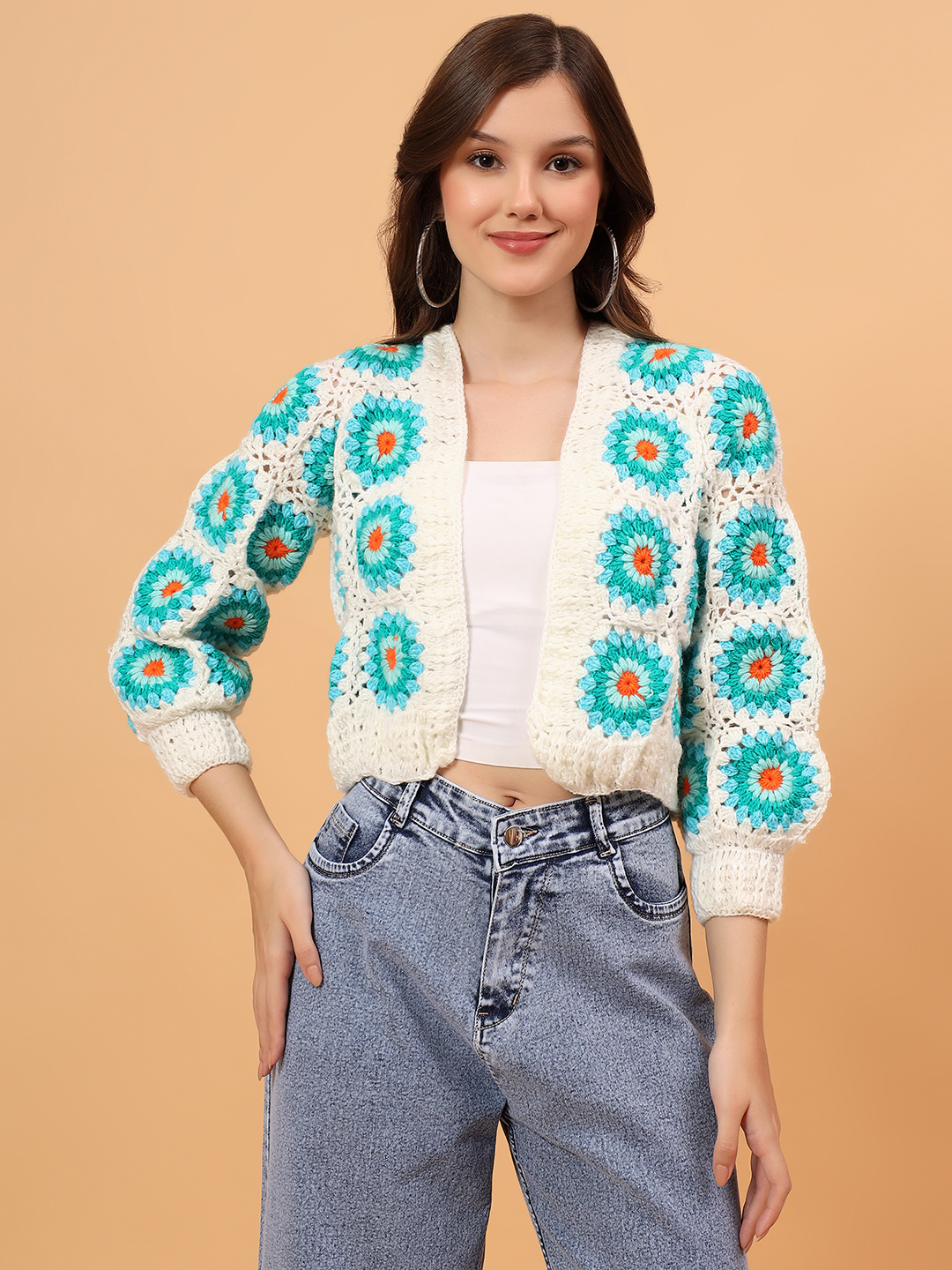 Velvery Crochet Granny Square Cardigan - Cream