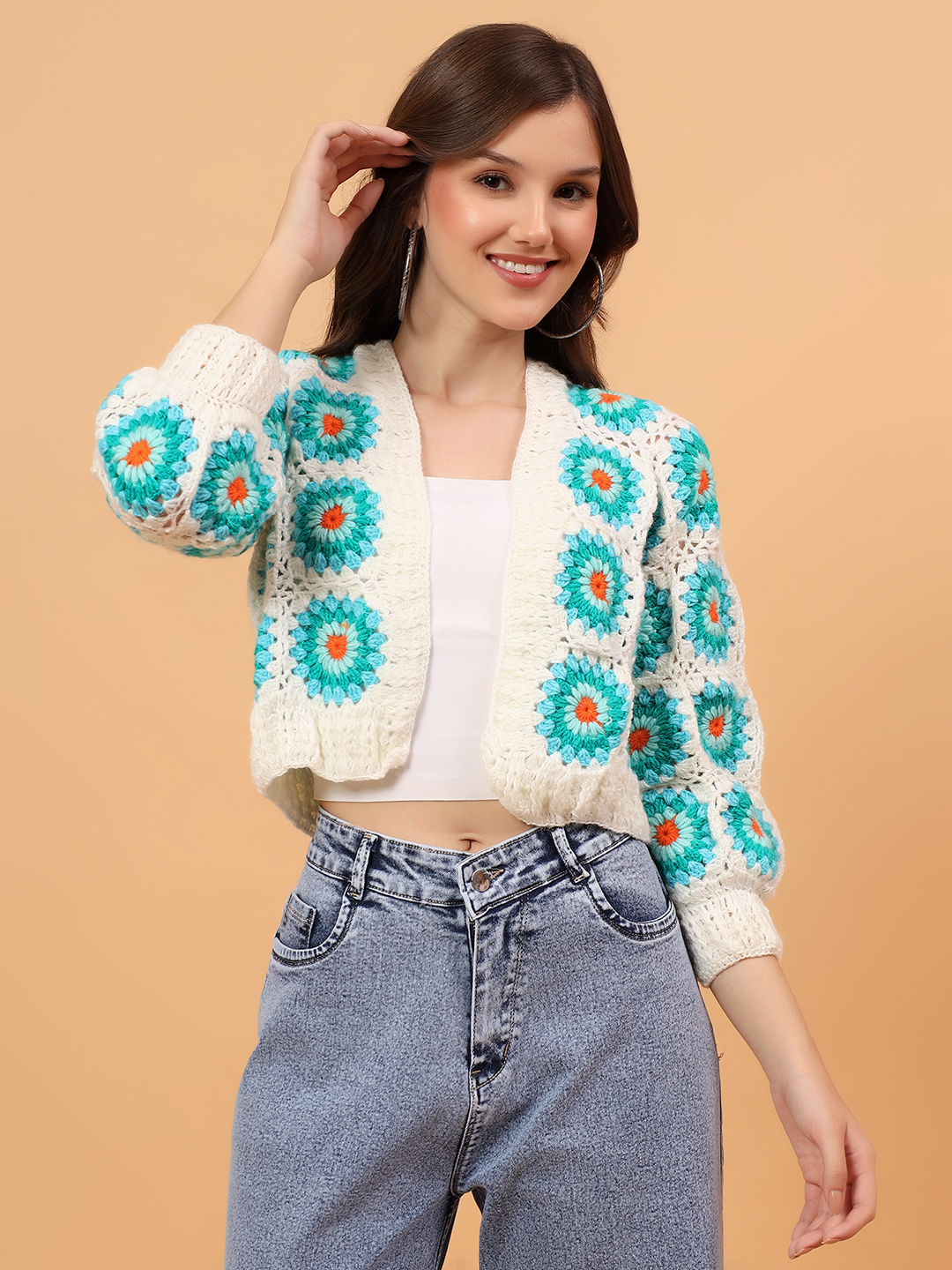 Velvery Crochet Granny Square Cardigan - Cream
