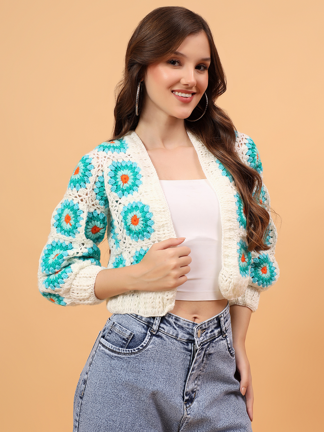 Velvery Crochet Granny Square Cardigan - Cream