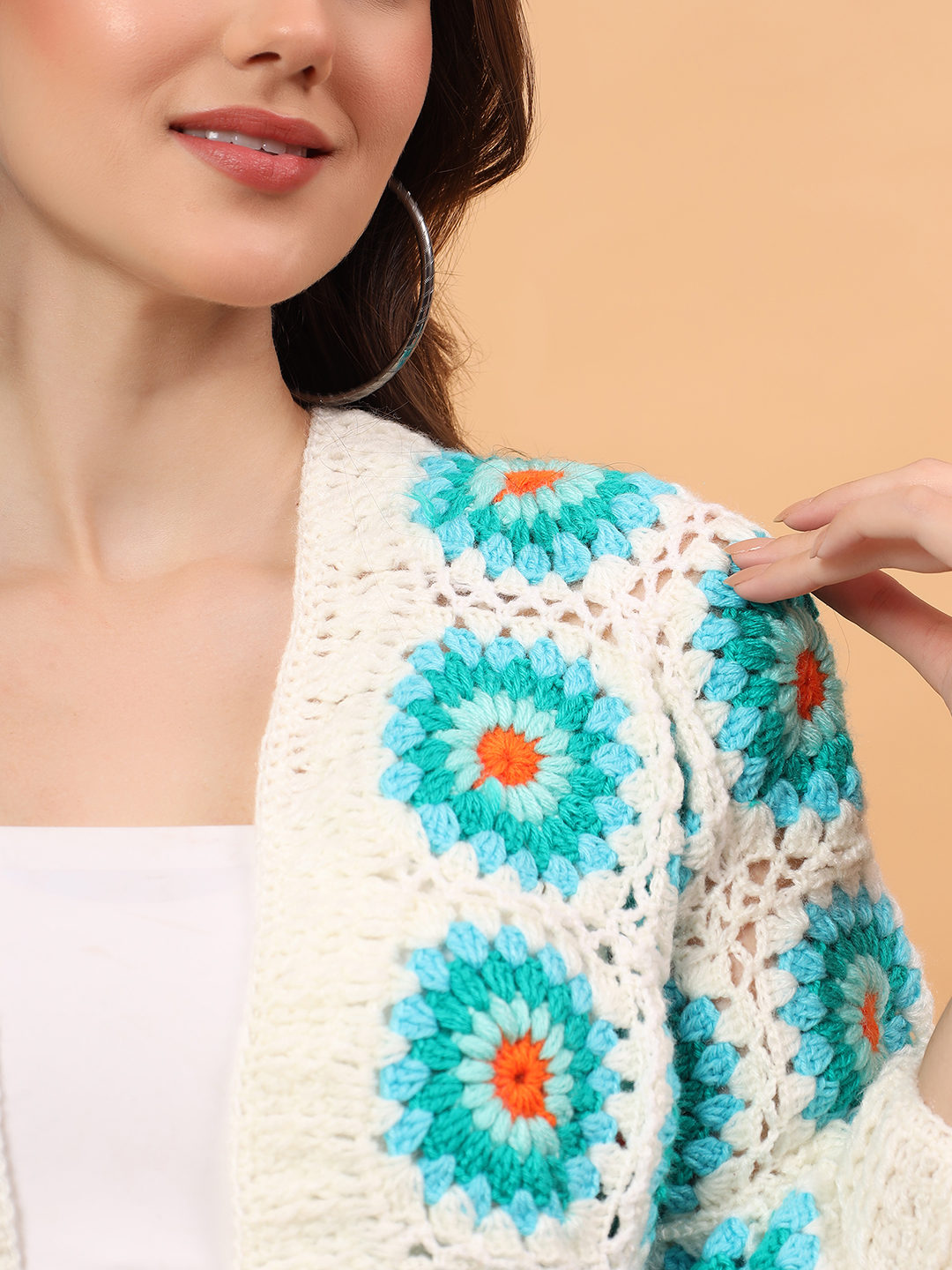 Velvery Crochet Granny Square Cardigan - Cream