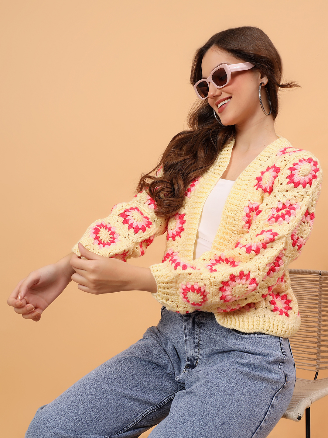 Velvery Crochet Granny Square Cardigan - Yellow