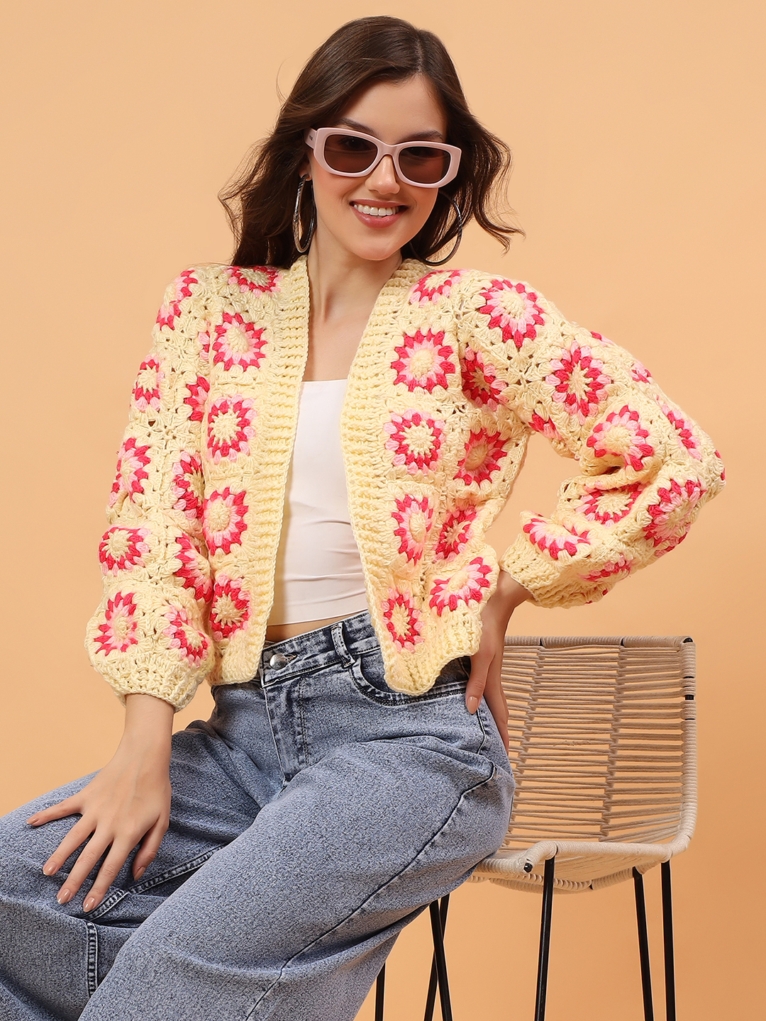 Velvery Crochet Granny Square Cardigan - Yellow