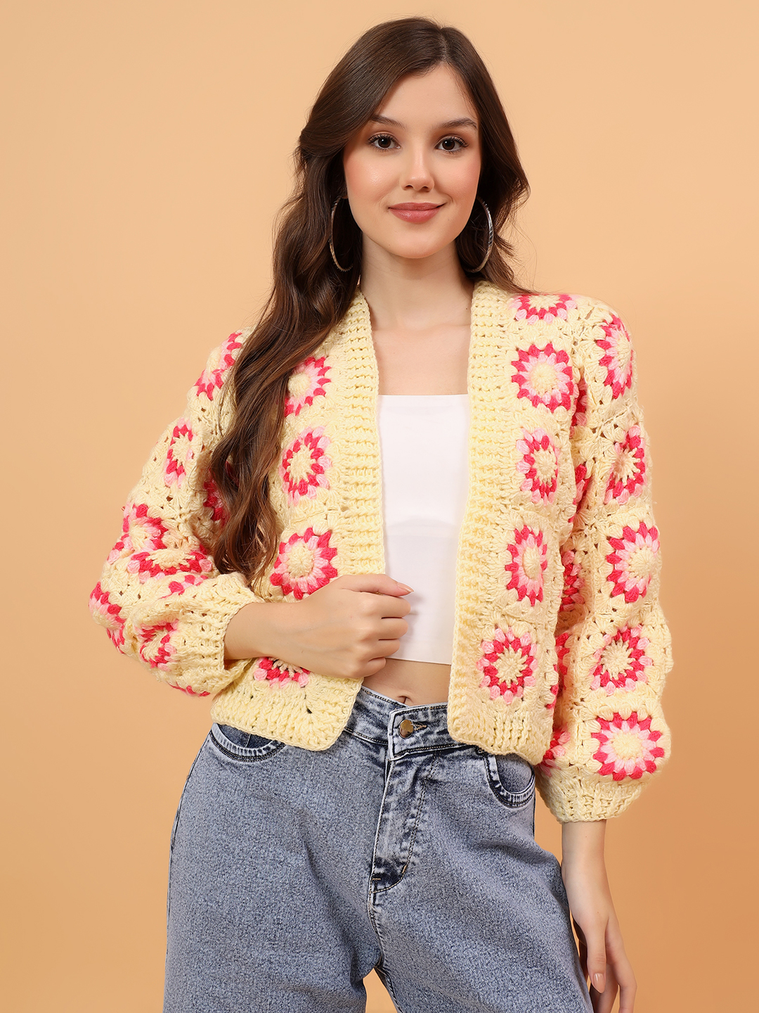 Velvery Crochet Granny Square Cardigan - Yellow