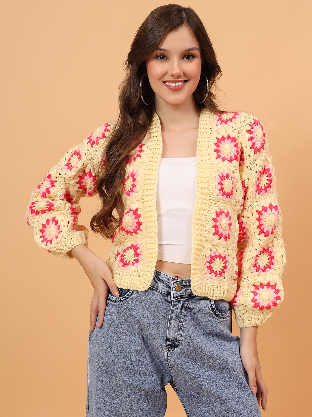 Velvery Crochet Granny Square Cardigan - Yellow
