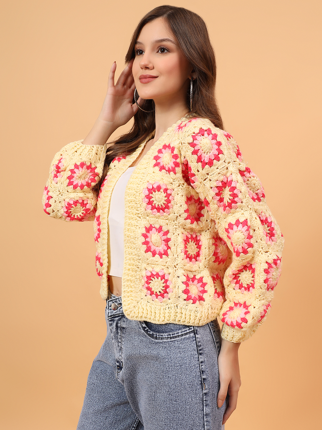 Velvery Crochet Granny Square Cardigan - Yellow