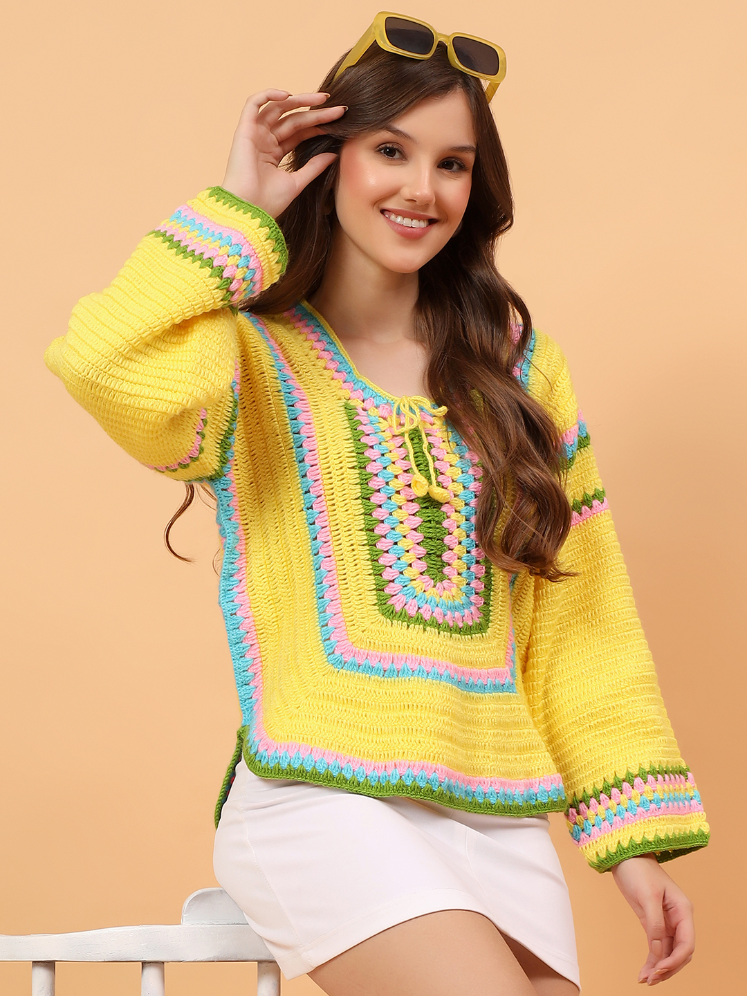 Velvery Colorful Striped Accents Sweater - Yellow
