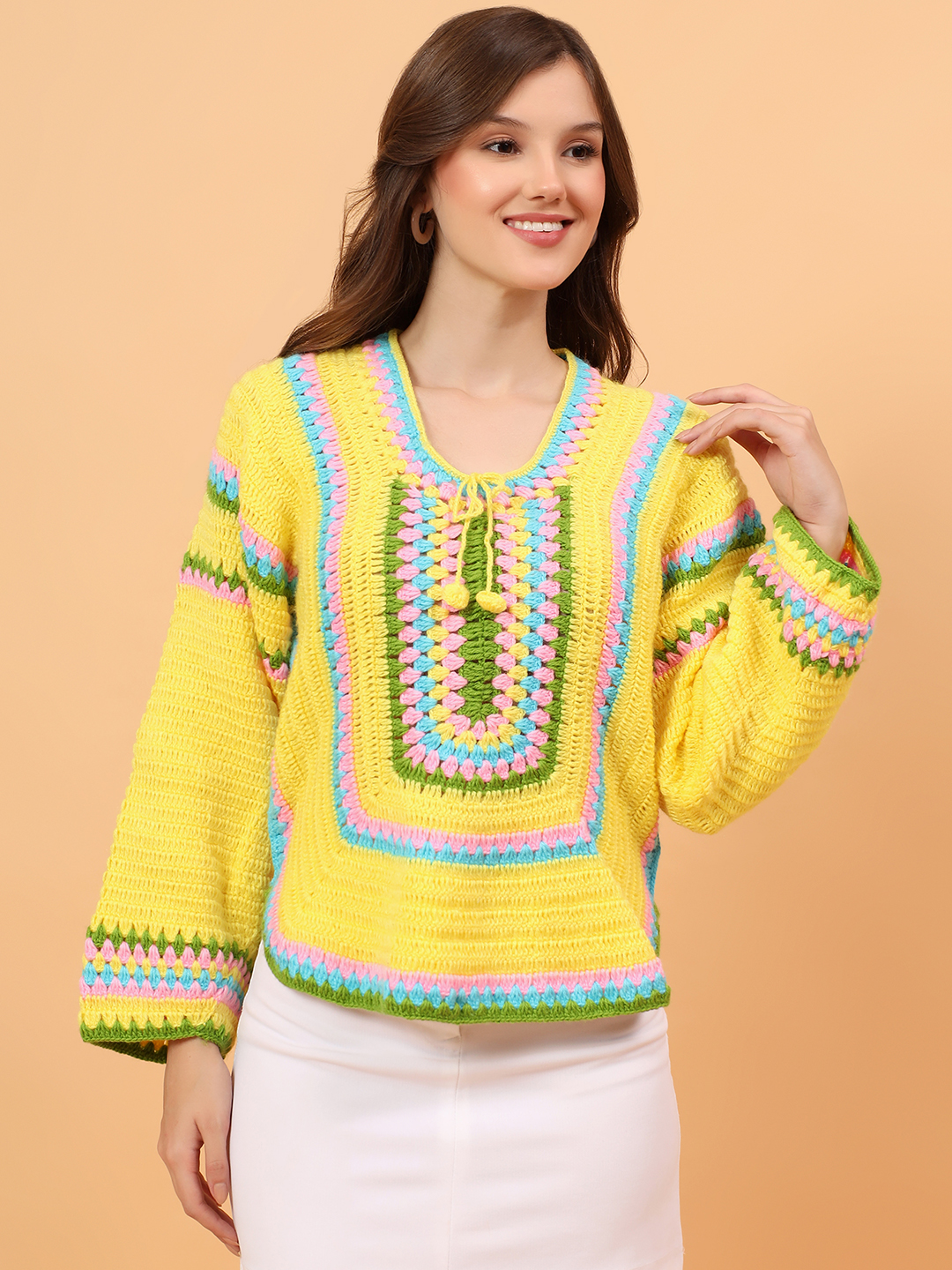 Velvery Colorful Striped Accents Sweater - Yellow