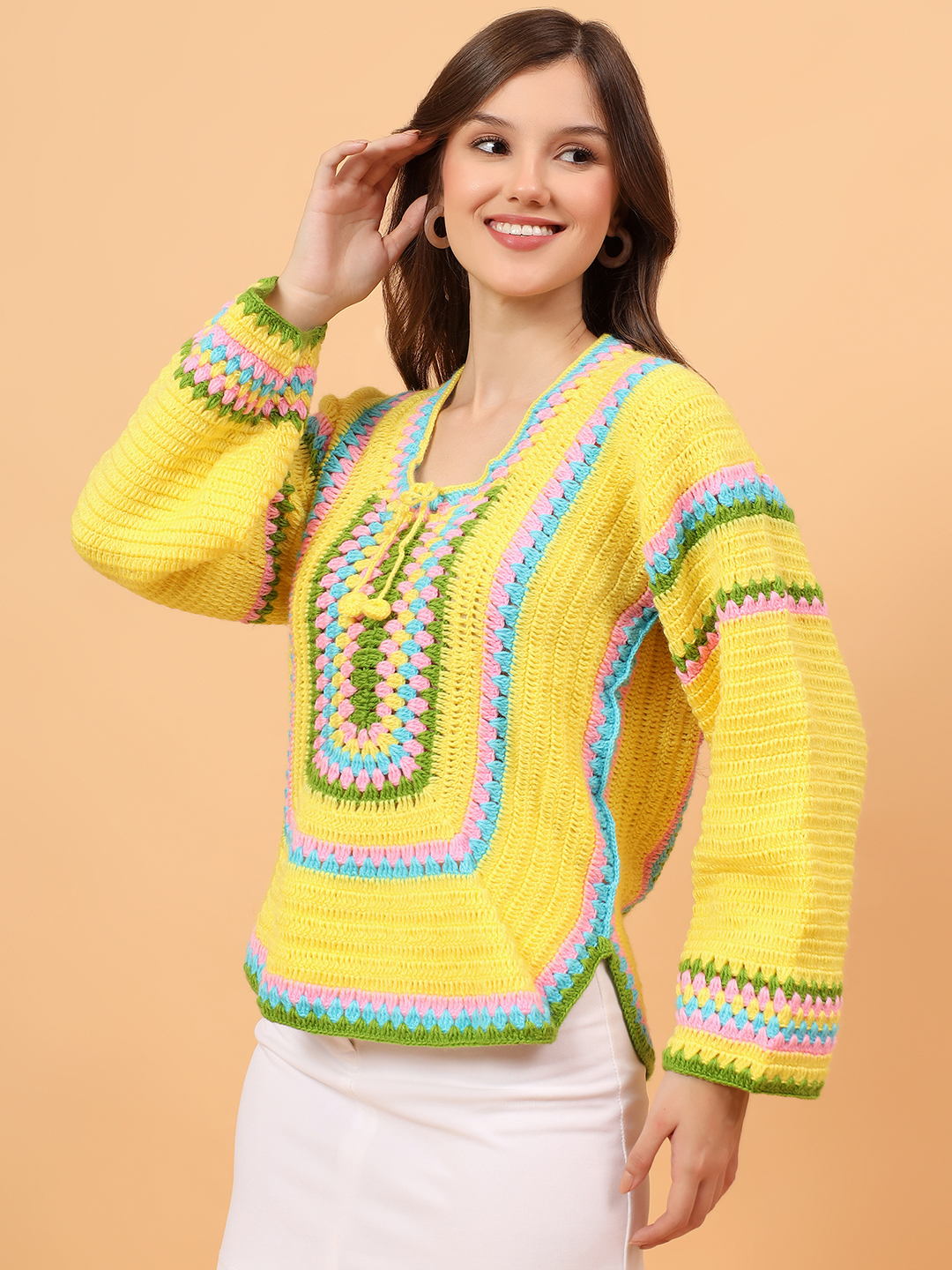 Velvery Colorful Striped Accents Sweater - Yellow
