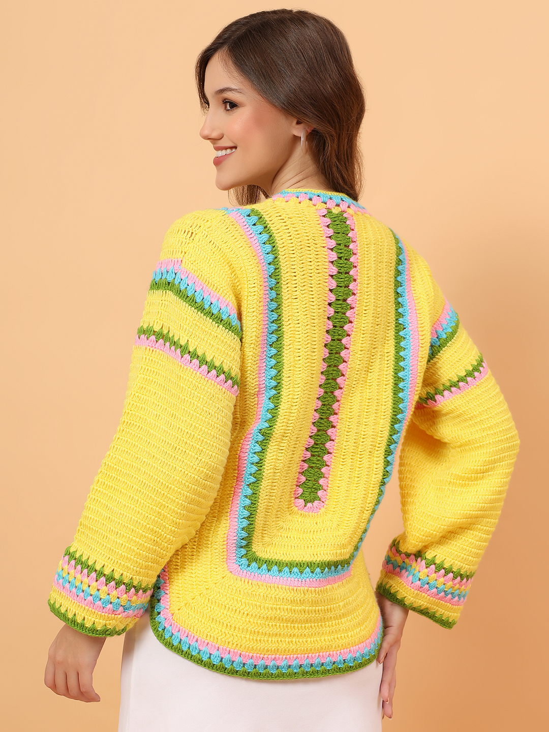 Velvery Colorful Striped Accents Sweater - Yellow