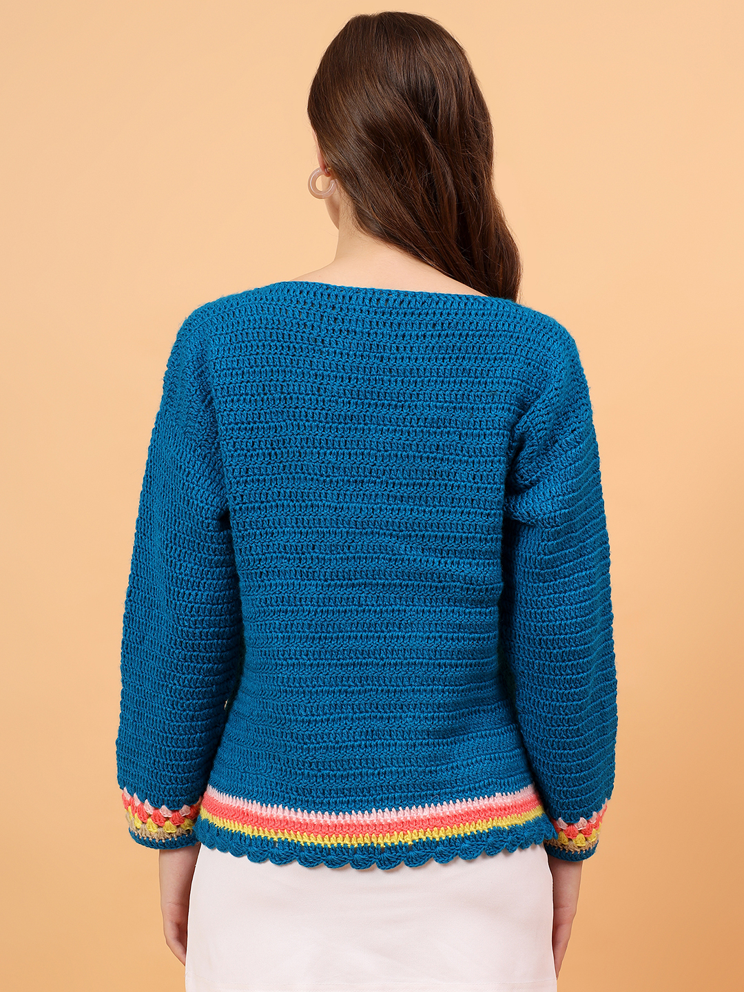 Velvery Floral Embroidered Round Neck Pullover - Blue