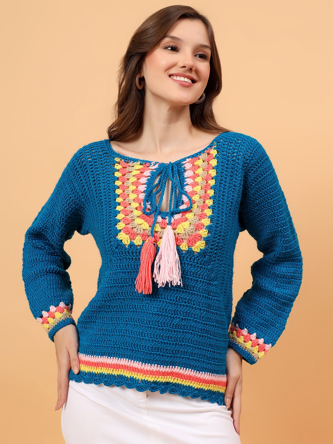 Velvery Floral Embroidered Round Neck Pullover - Blue