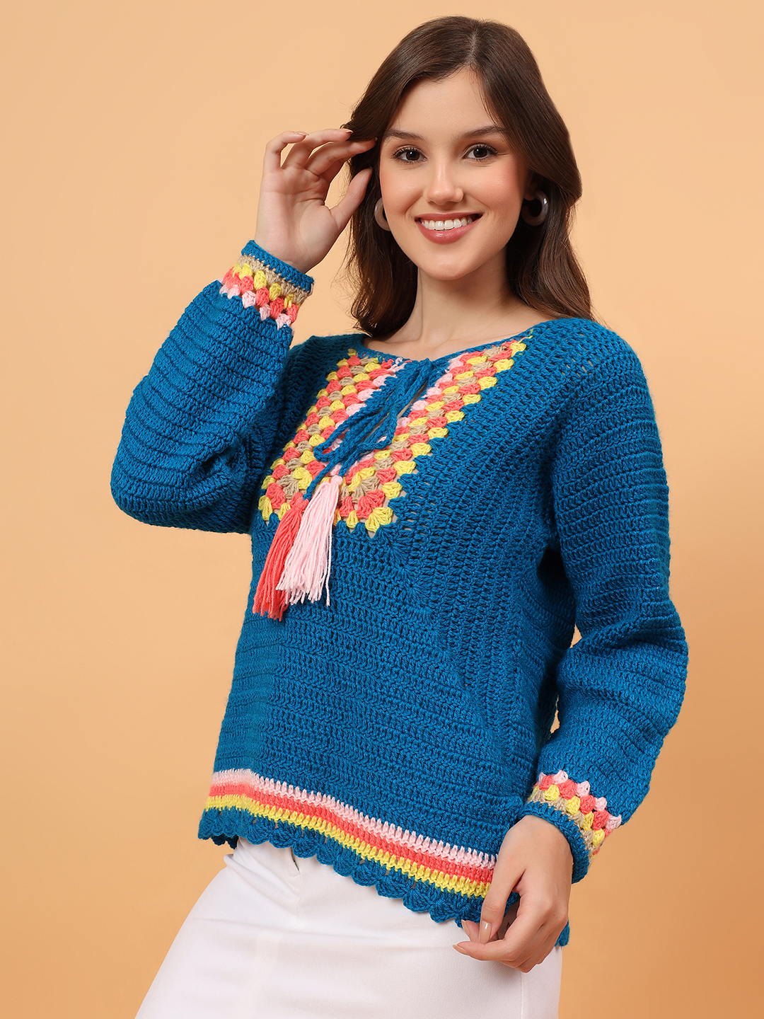 Velvery Floral Embroidered Round Neck Pullover - Blue