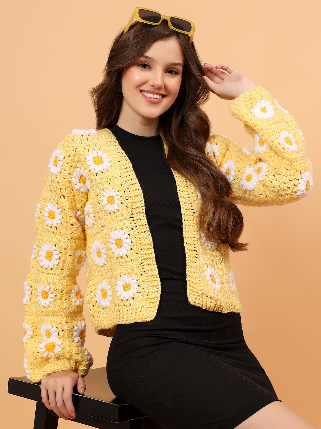 Velvery Granny Square Front Openable Cardigan - Yellow