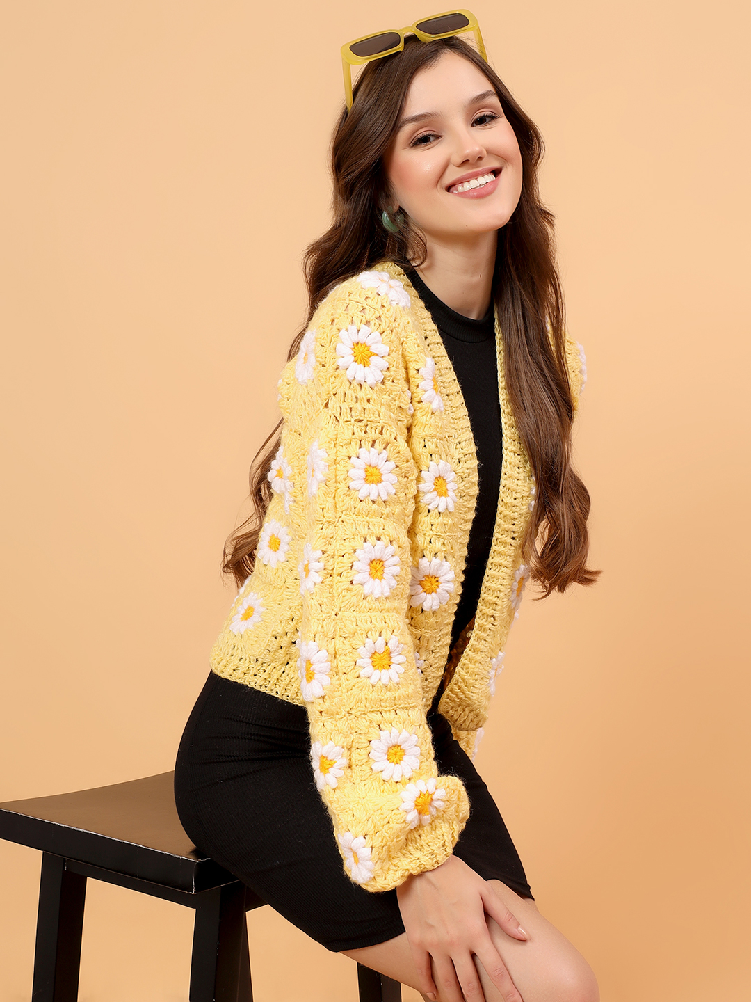 Velvery Granny Square Front Openable Cardigan - Yellow