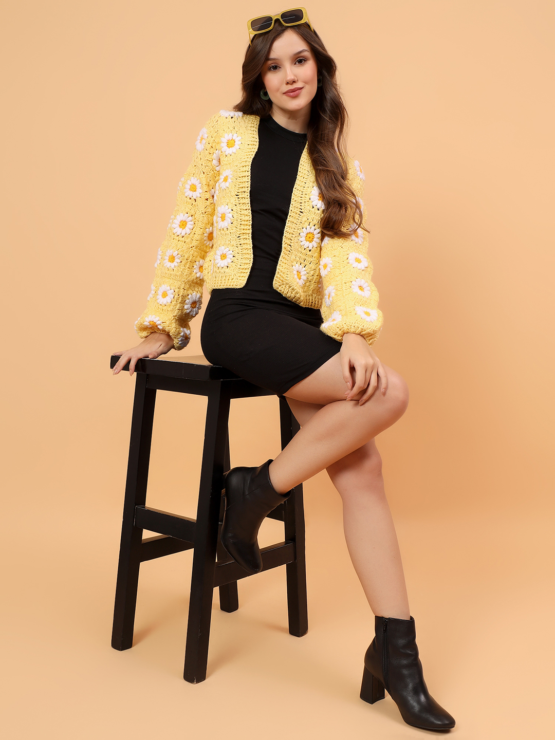 Velvery Granny Square Front Openable Cardigan - Yellow