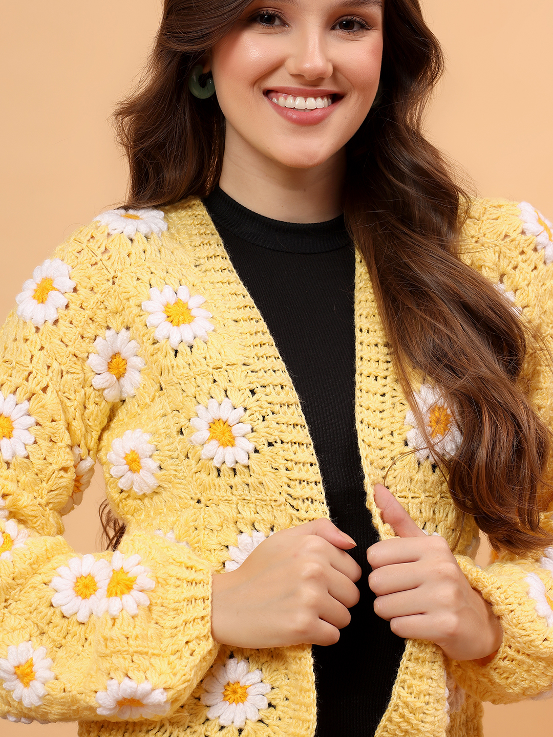 Velvery Granny Square Front Openable Cardigan - Yellow