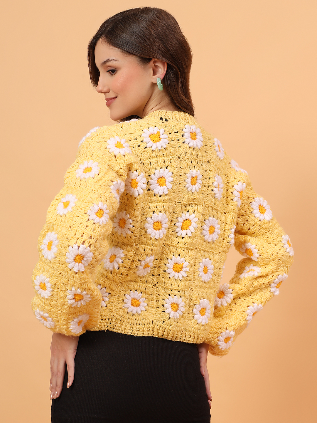 Velvery Granny Square Front Openable Cardigan - Yellow