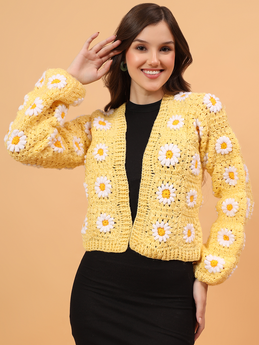 Velvery Granny Square Front Openable Cardigan - Yellow