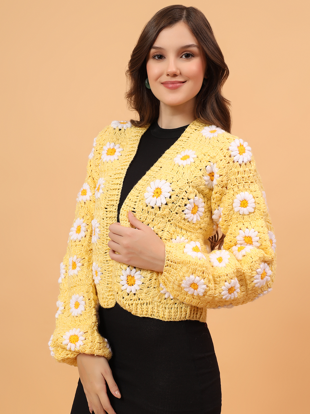 Velvery Granny Square Front Openable Cardigan - Yellow