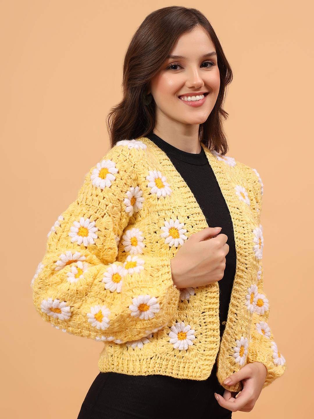 Velvery Granny Square Front Openable Cardigan - Yellow