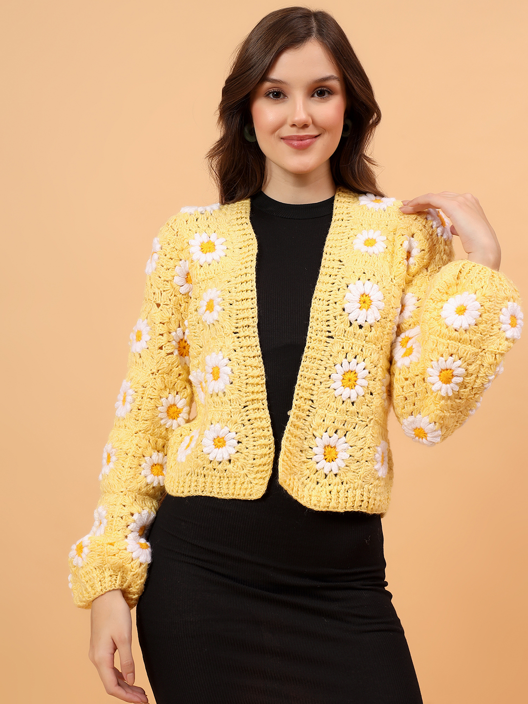 Velvery Granny Square Front Openable Cardigan - Yellow