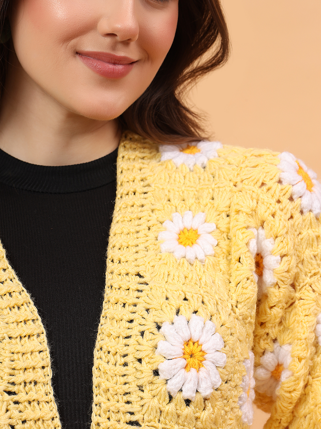 Velvery Granny Square Front Openable Cardigan - Yellow