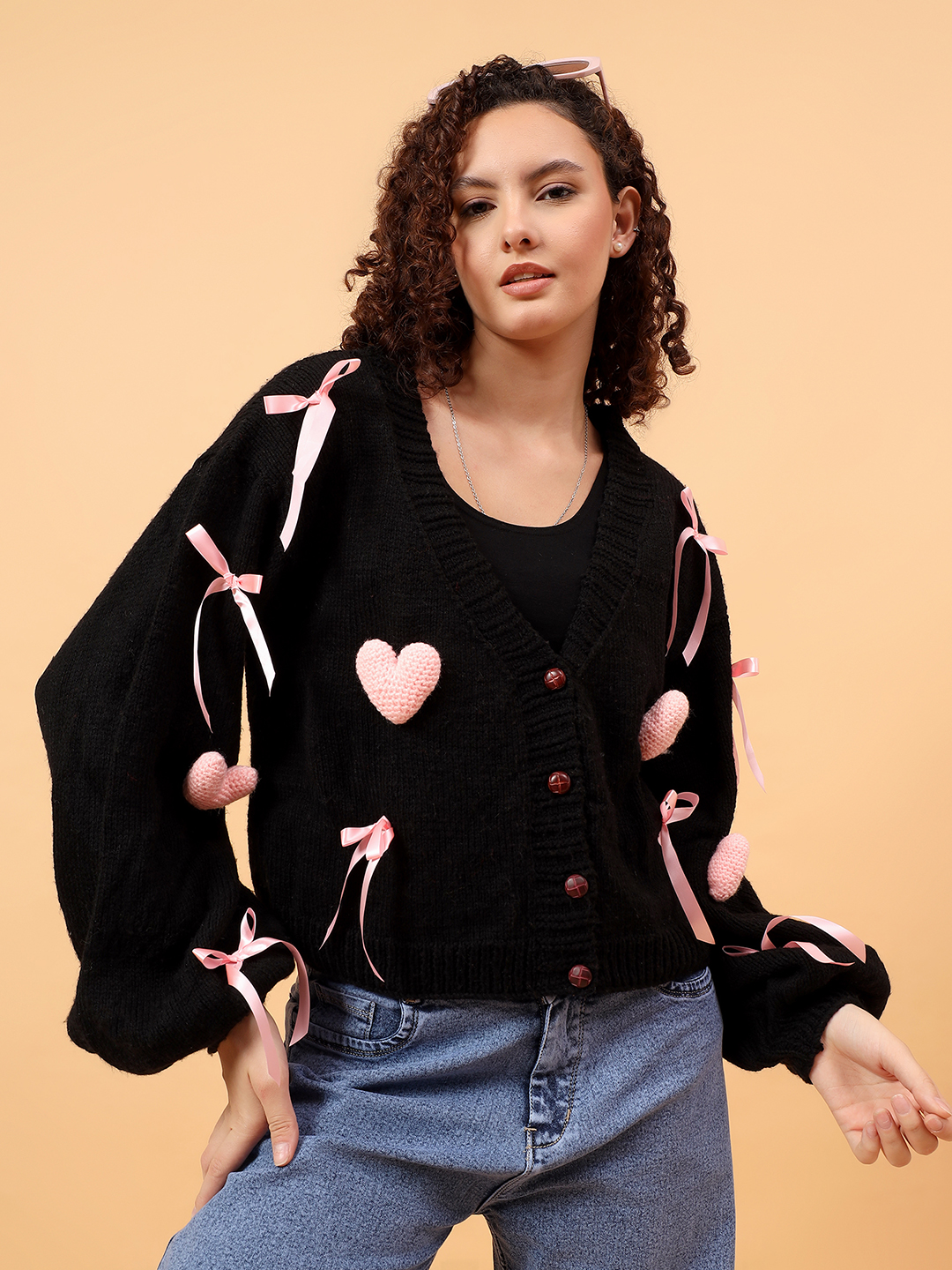 Pink 3D Heart and Ribbon Bow Cardigan - Black