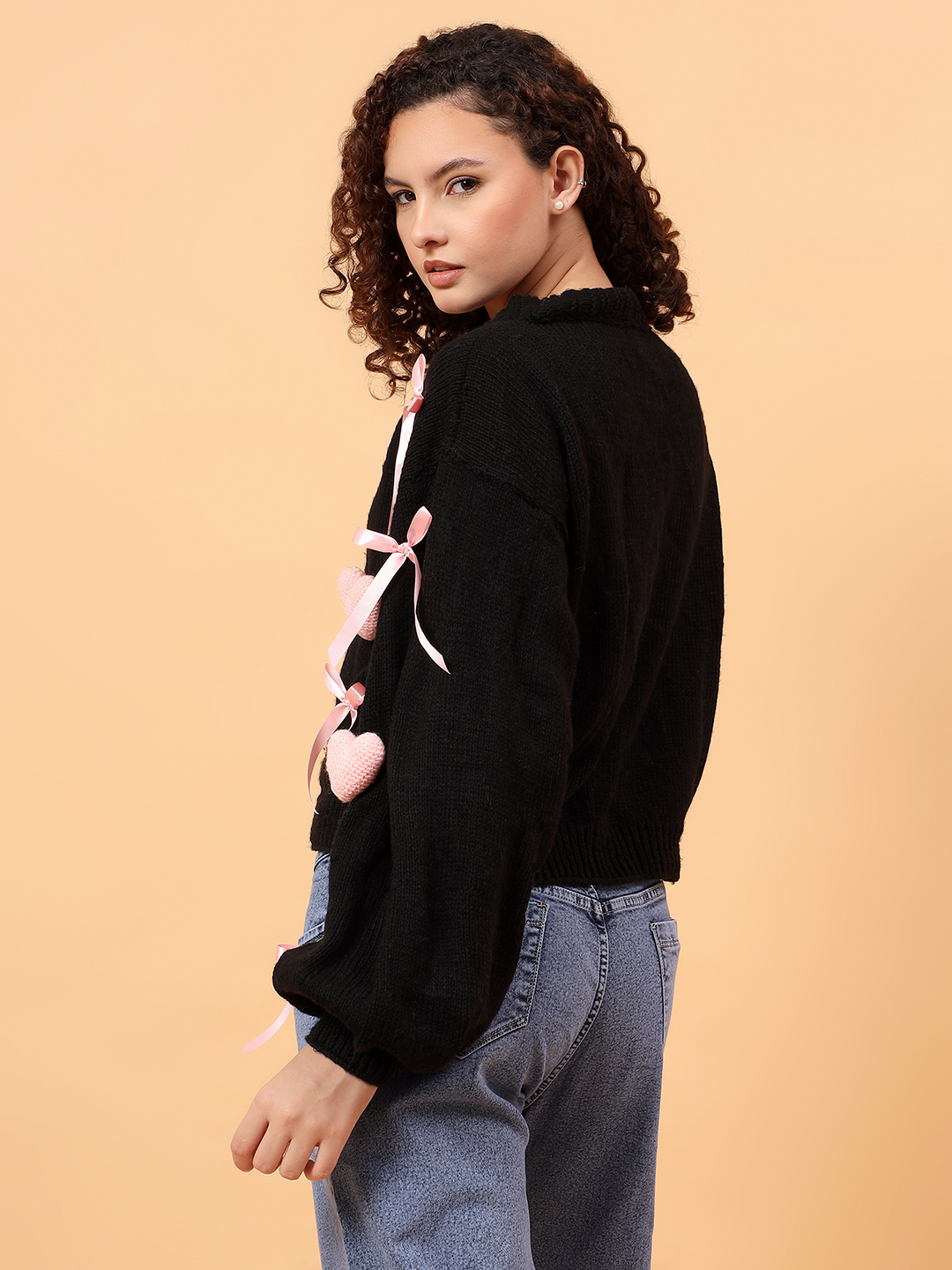 Pink 3D Heart and Ribbon Bow Cardigan - Black