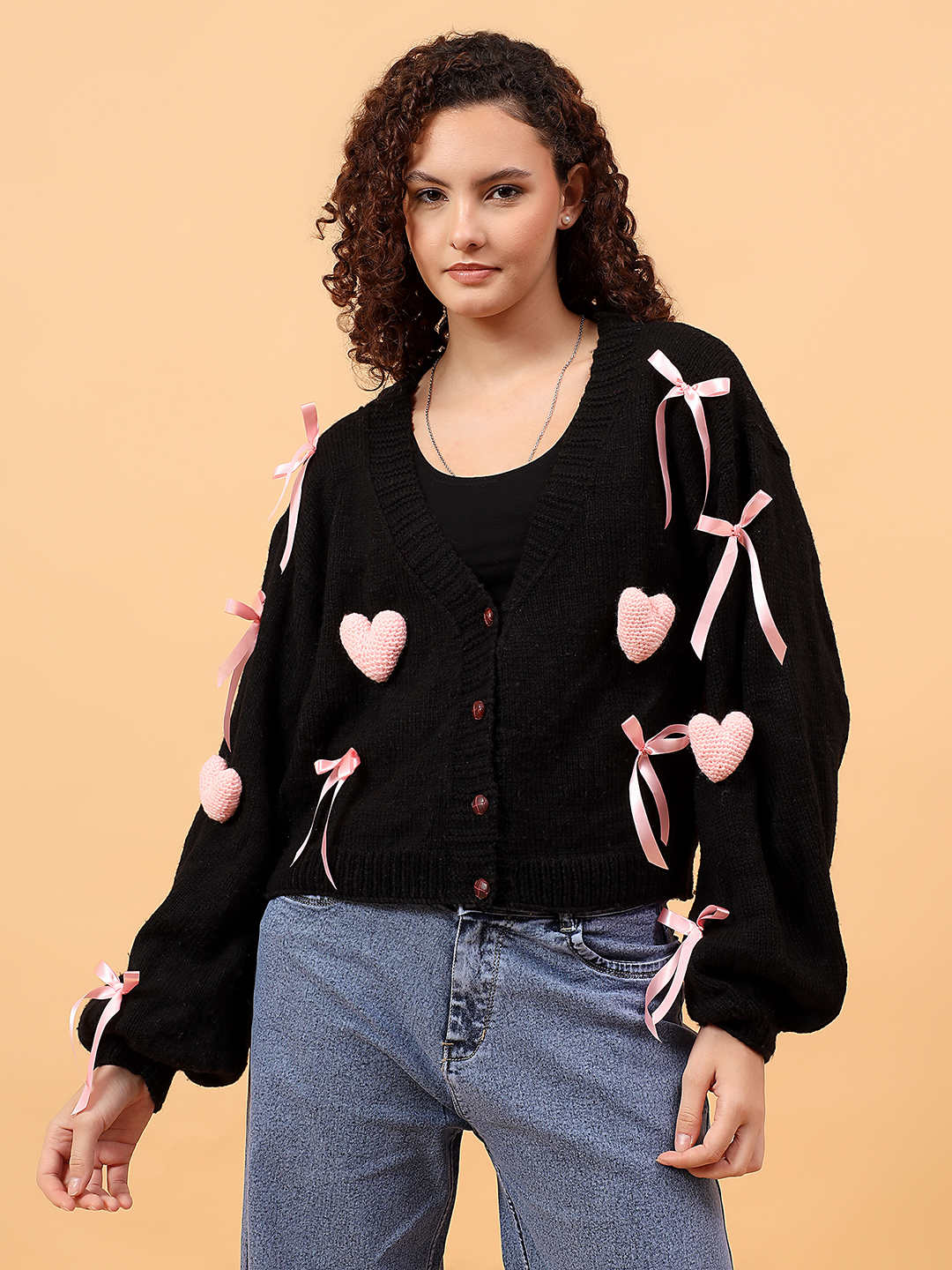 Pink 3D Heart and Ribbon Bow Cardigan - Black