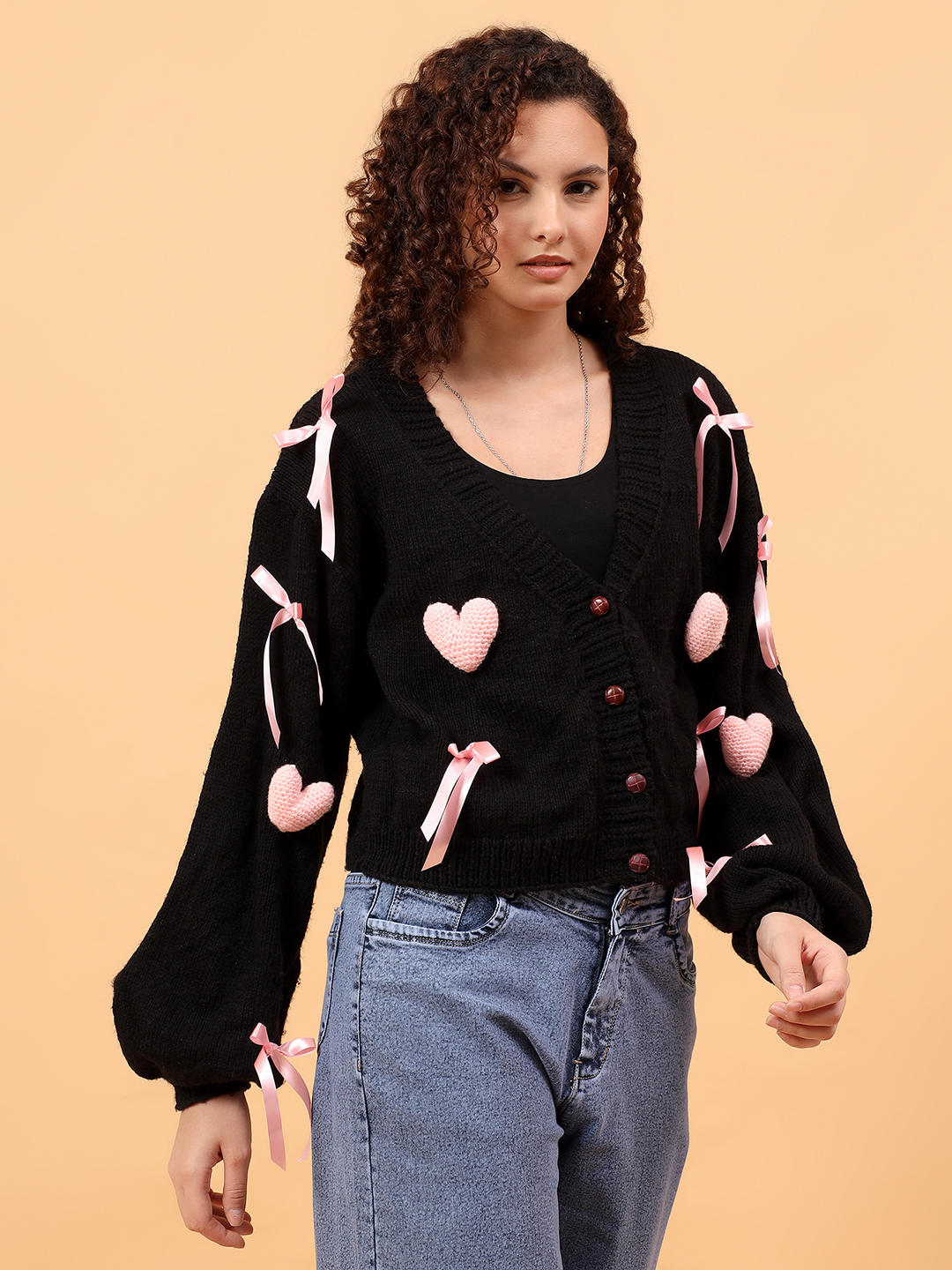 Pink 3D Heart and Ribbon Bow Cardigan - Black