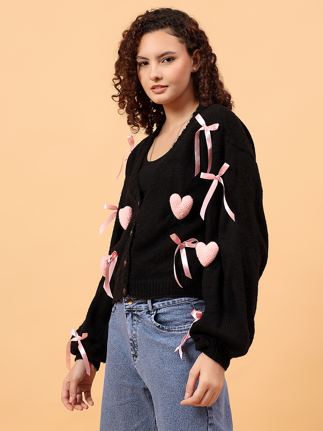 Pink 3D Heart and Ribbon Bow Cardigan - Black
