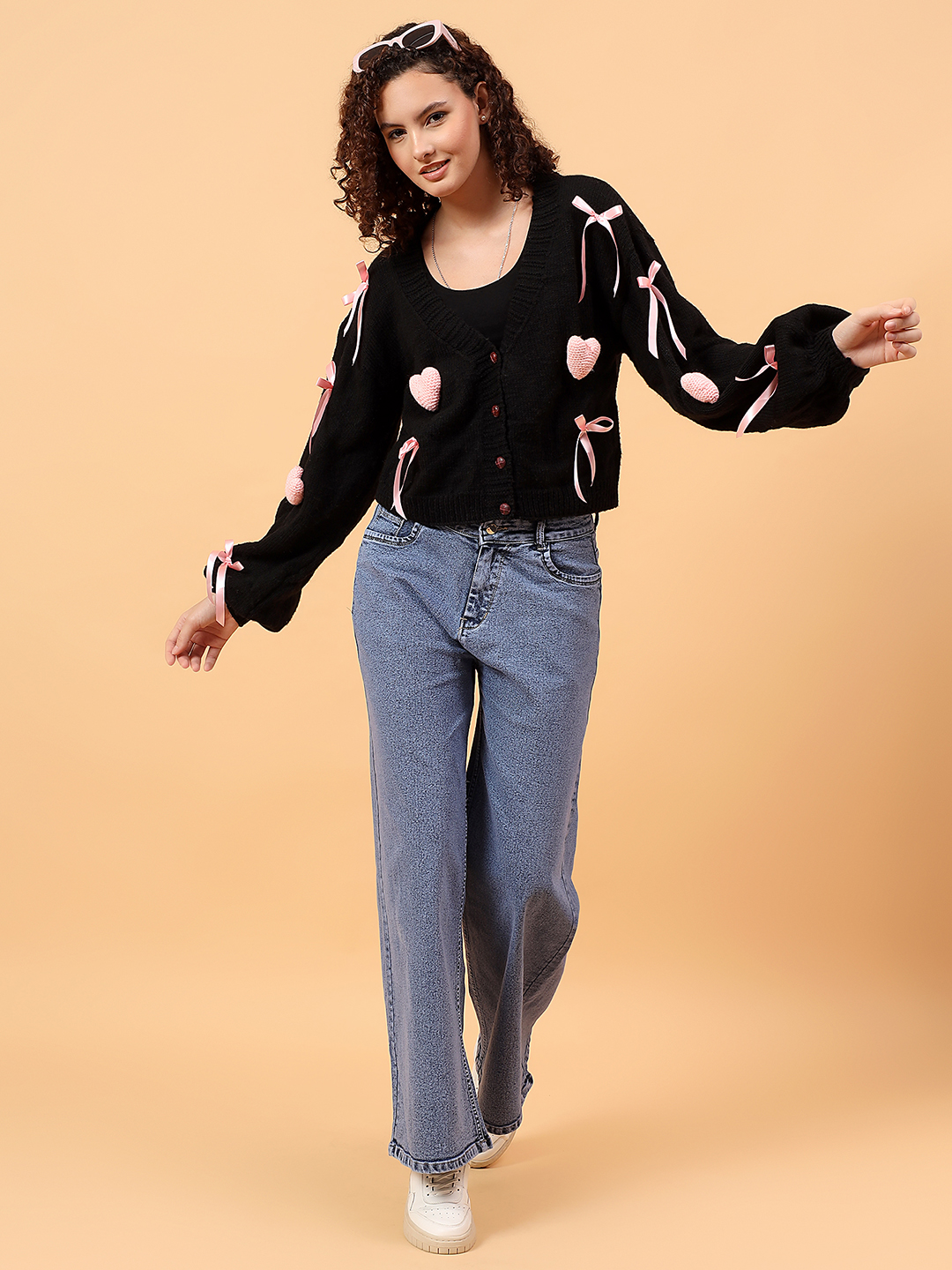 Pink 3D Heart and Ribbon Bow Cardigan - Black