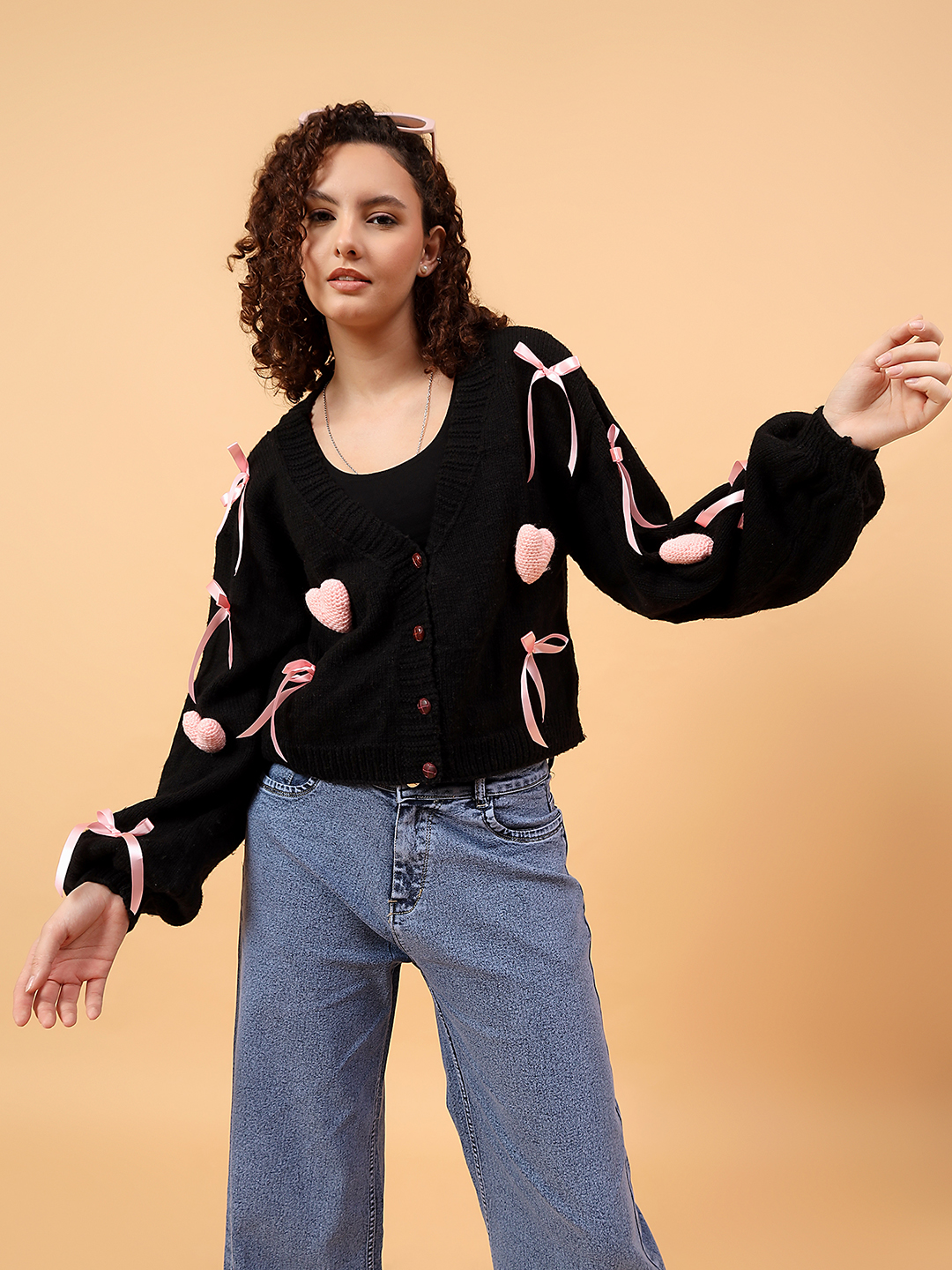 Pink 3D Heart and Ribbon Bow Cardigan - Black