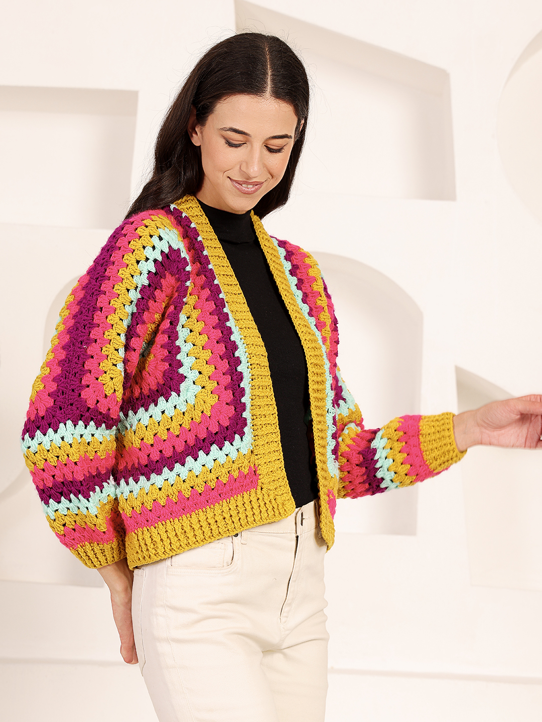 Velvery Self Design Front Openable Cardigan - Multicolor