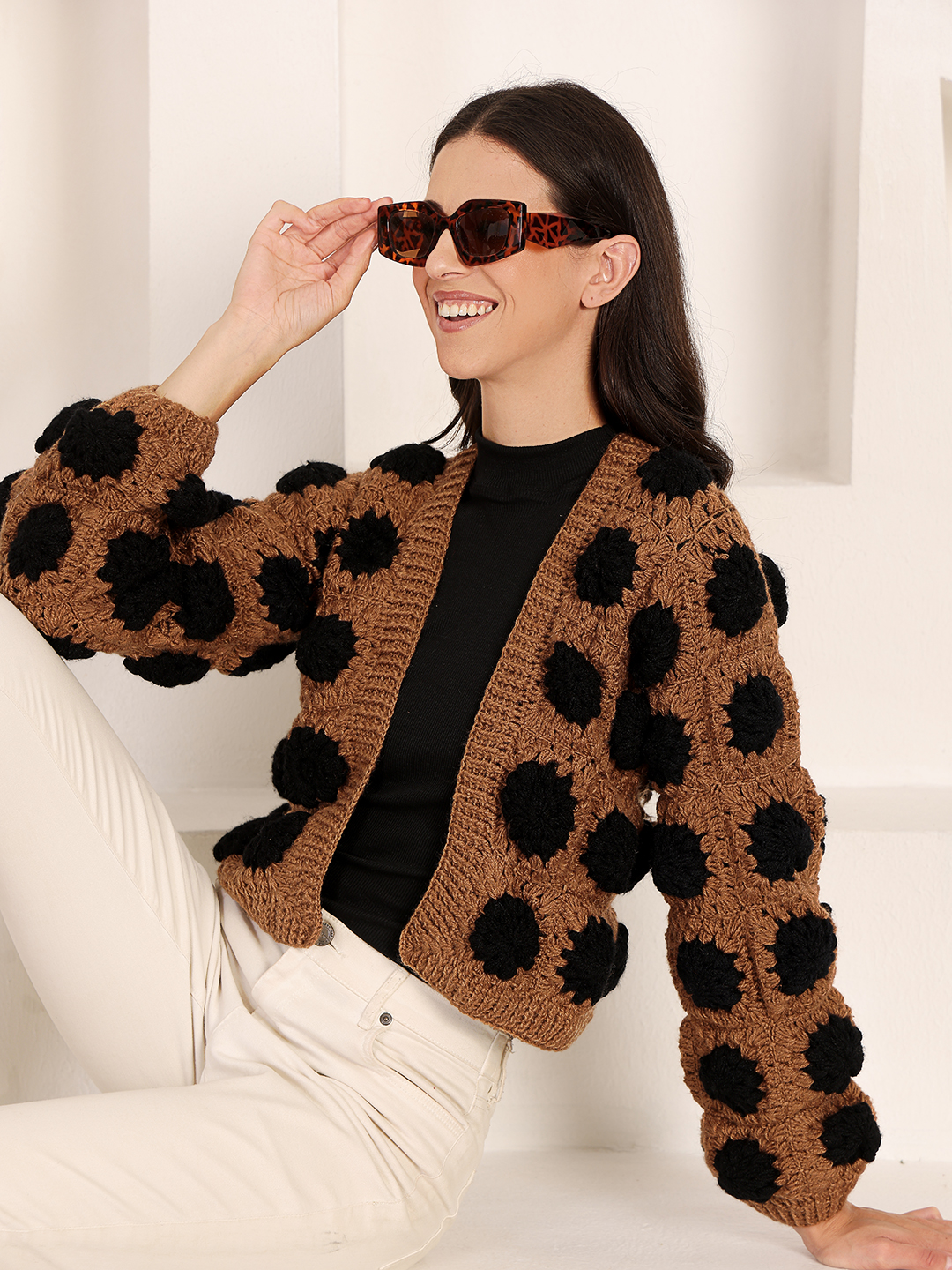 Velvery Black Floral Cardigan - Brown