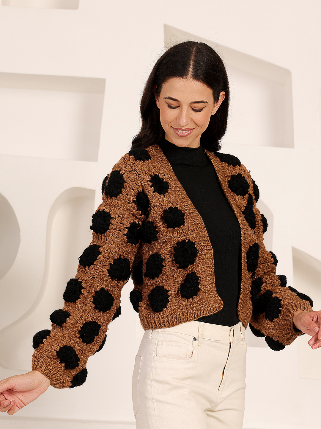 Velvery Black Floral Cardigan - Brown
