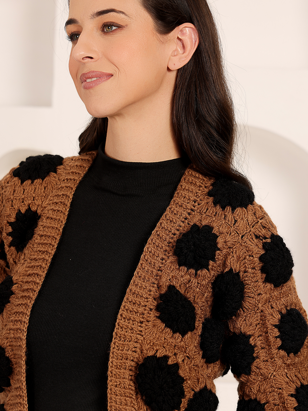 Velvery Black Floral Cardigan - Brown