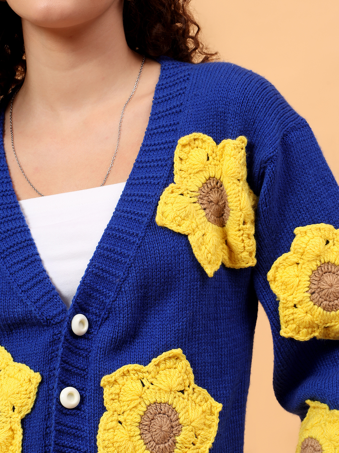 Velvery Chunky Sunflower Applique Crop Cardigan - Blue