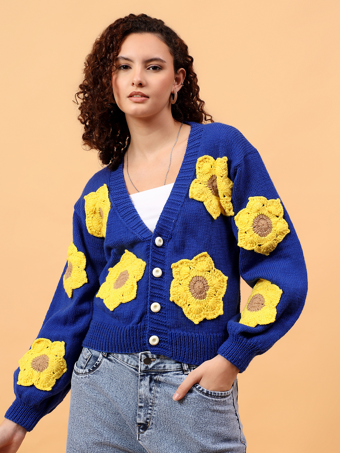 Velvery Chunky Sunflower Applique Crop Cardigan - Blue