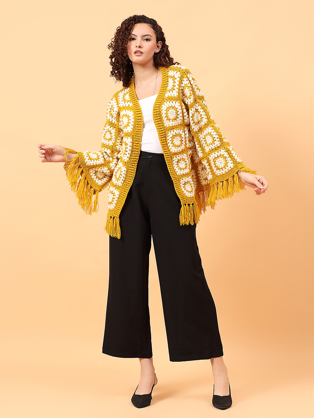 Velvery Pookie Granny sqaure Tassel Cardigan - Mustard
