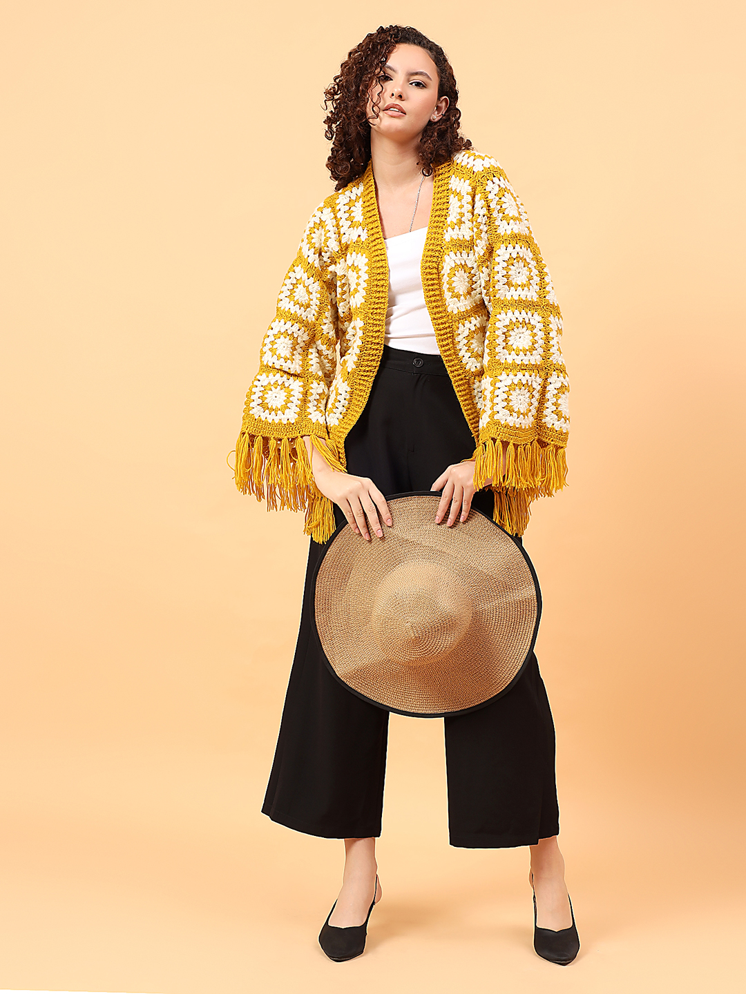 Velvery Pookie Granny sqaure Tassel Cardigan - Mustard
