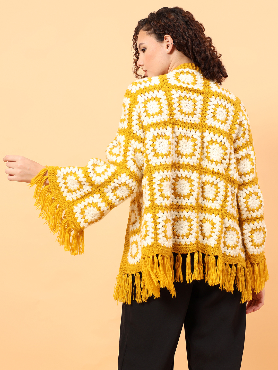 Velvery Pookie Granny sqaure Tassel Cardigan - Mustard