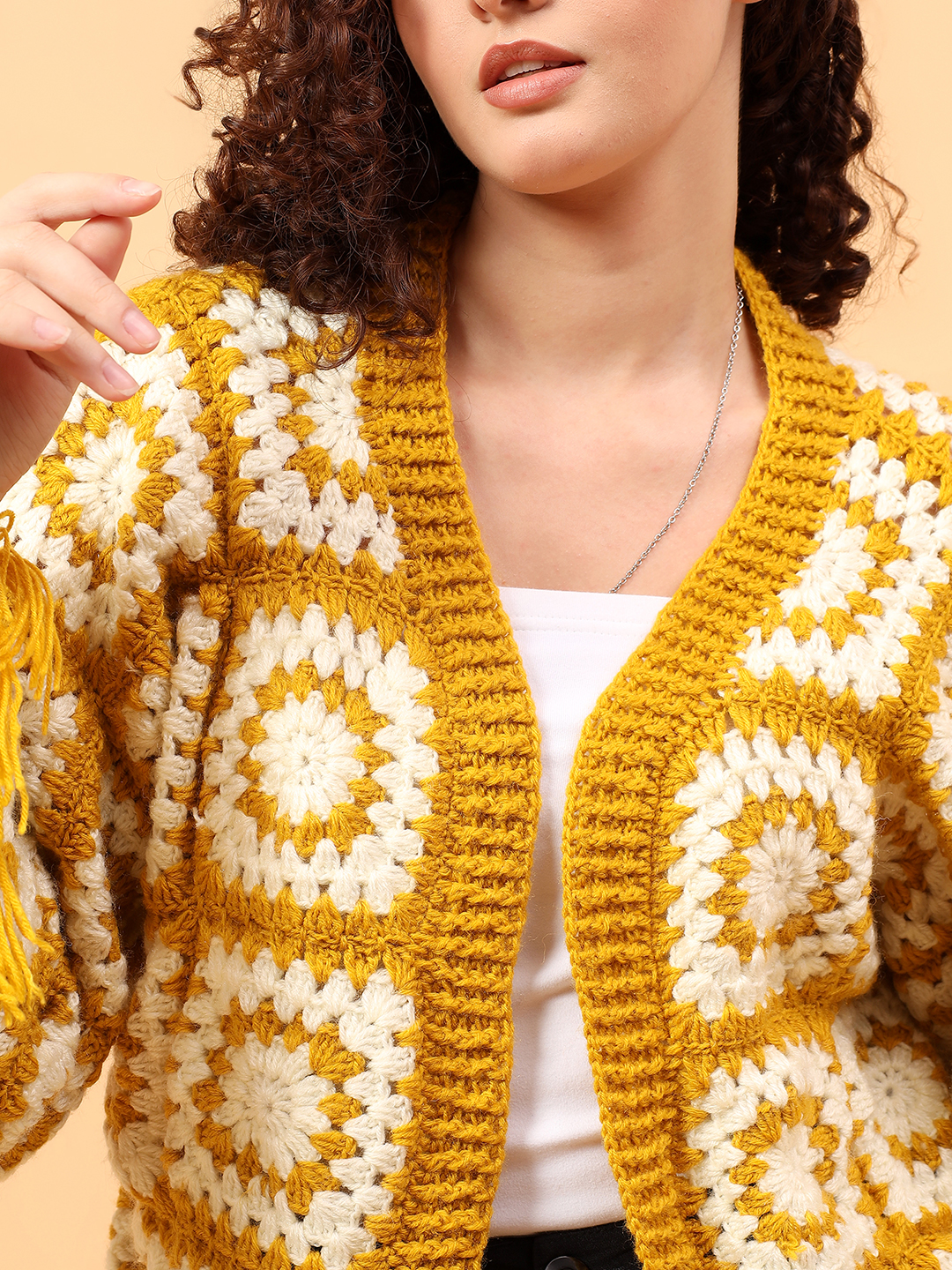 Velvery Pookie Granny sqaure Tassel Cardigan - Mustard