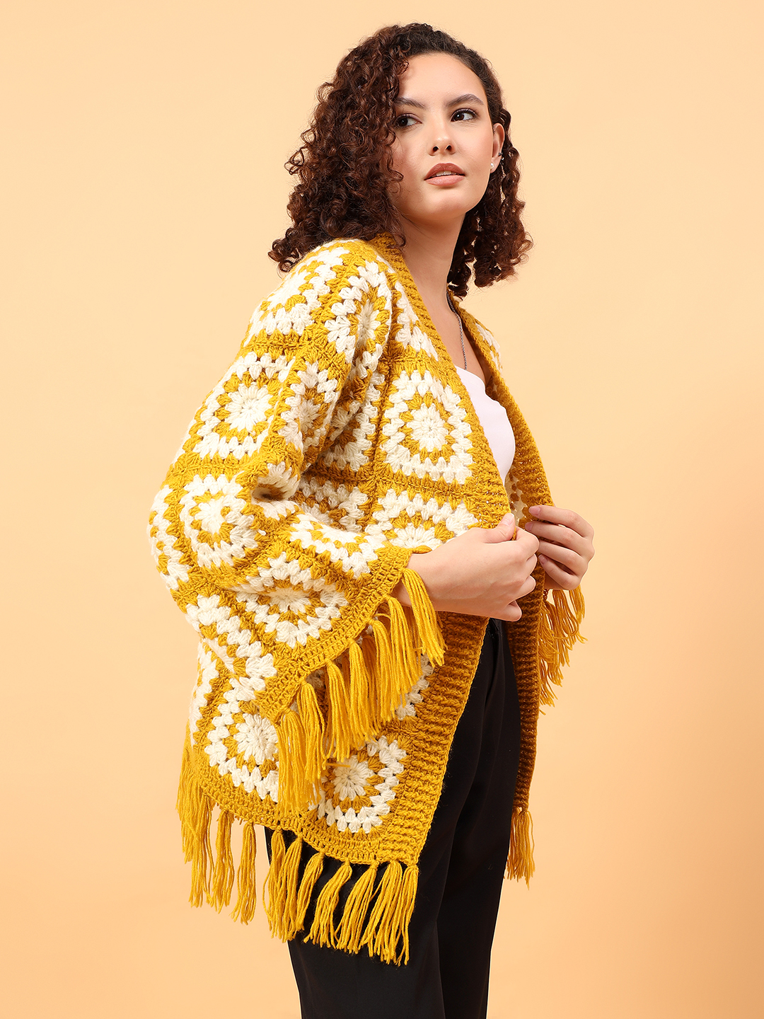 Velvery Pookie Granny sqaure Tassel Cardigan - Mustard