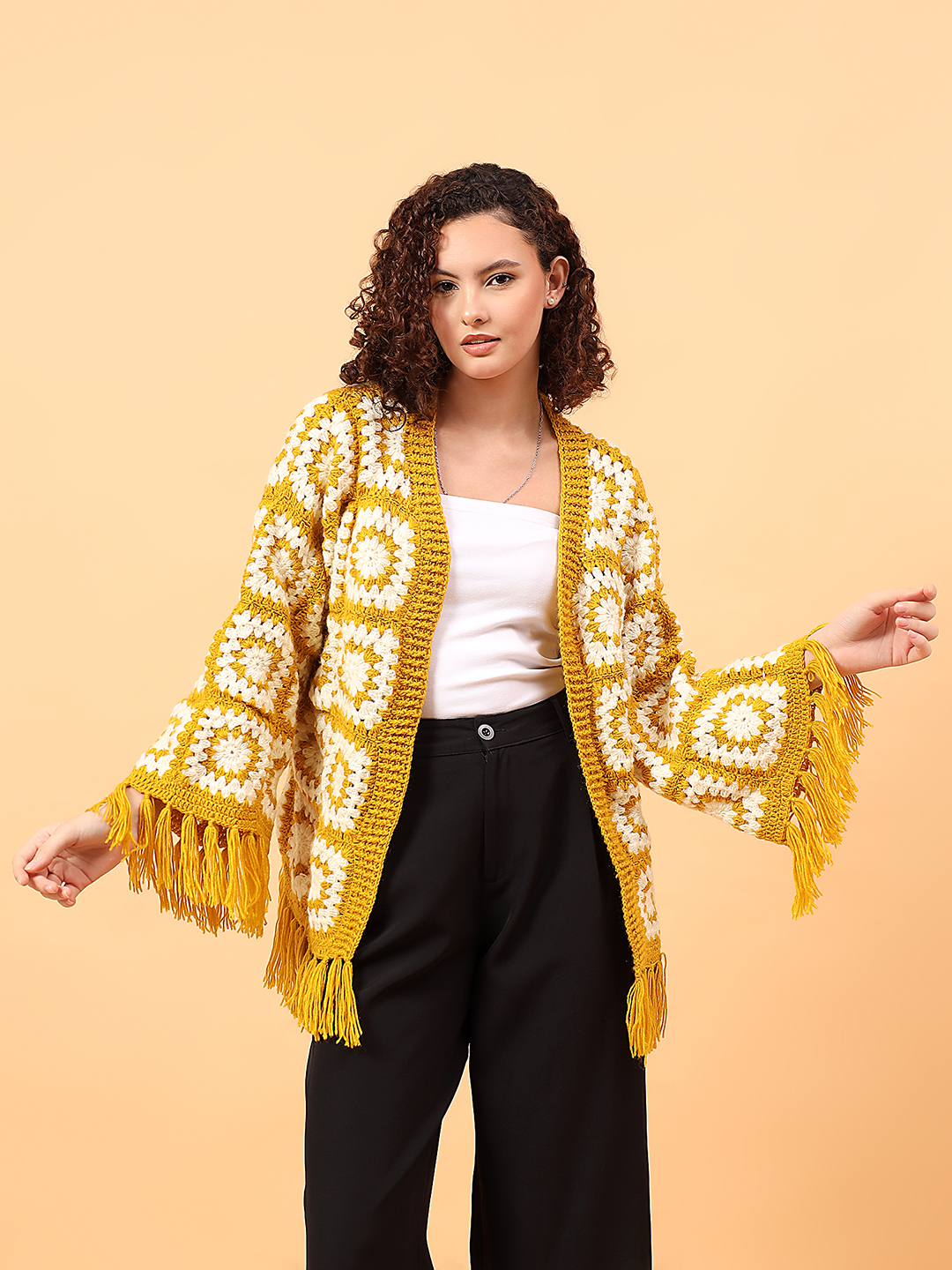 Velvery Pookie Granny sqaure Tassel Cardigan - Mustard