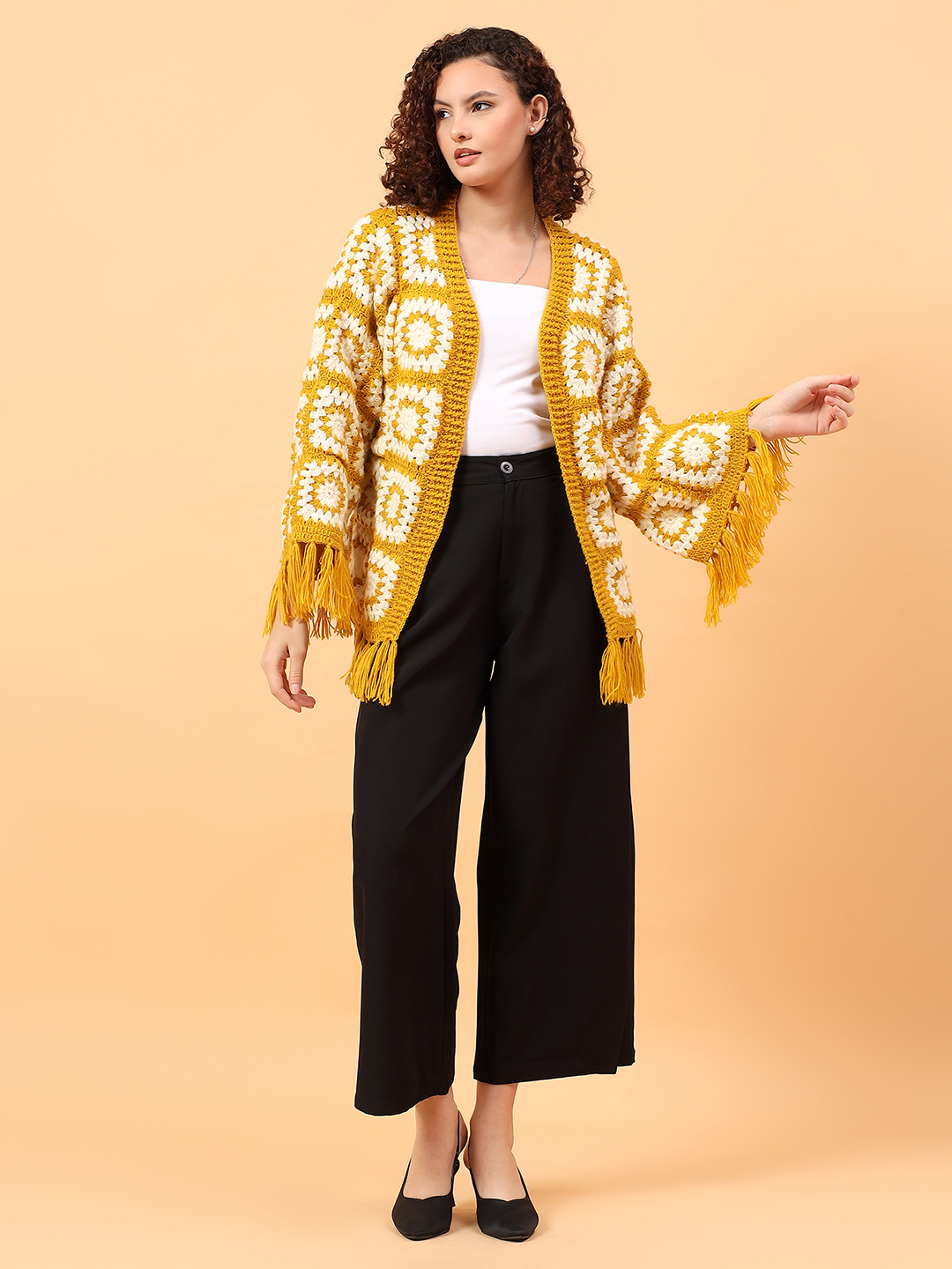 Velvery Pookie Granny sqaure Tassel Cardigan - Mustard