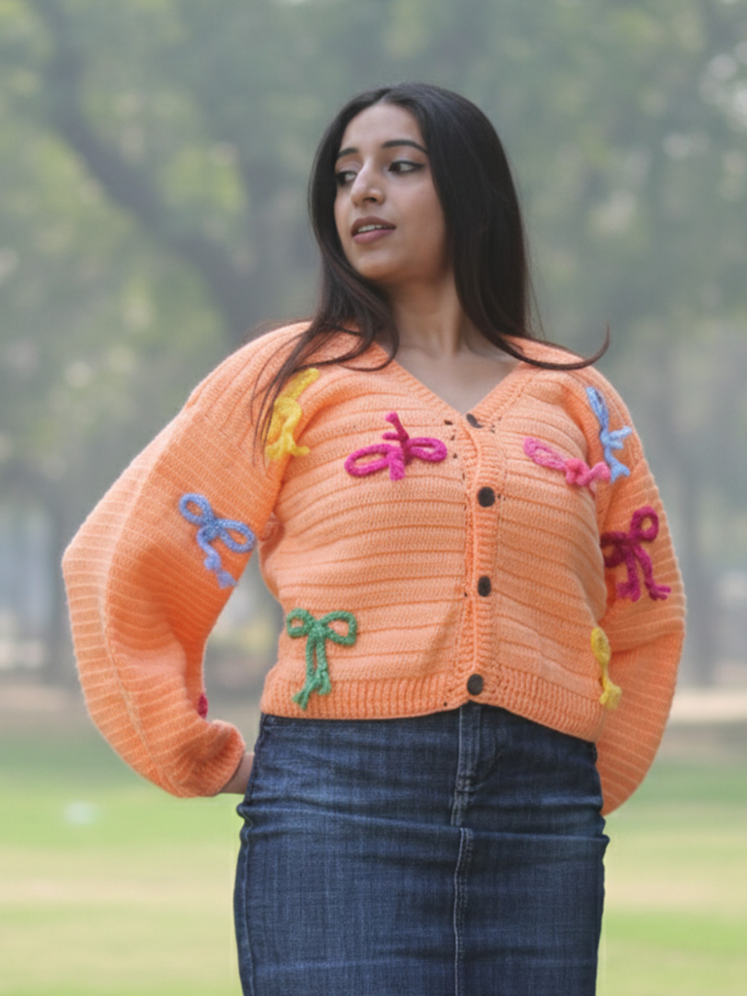 Velvery Bow Applique V Neck Cardigan - Peach