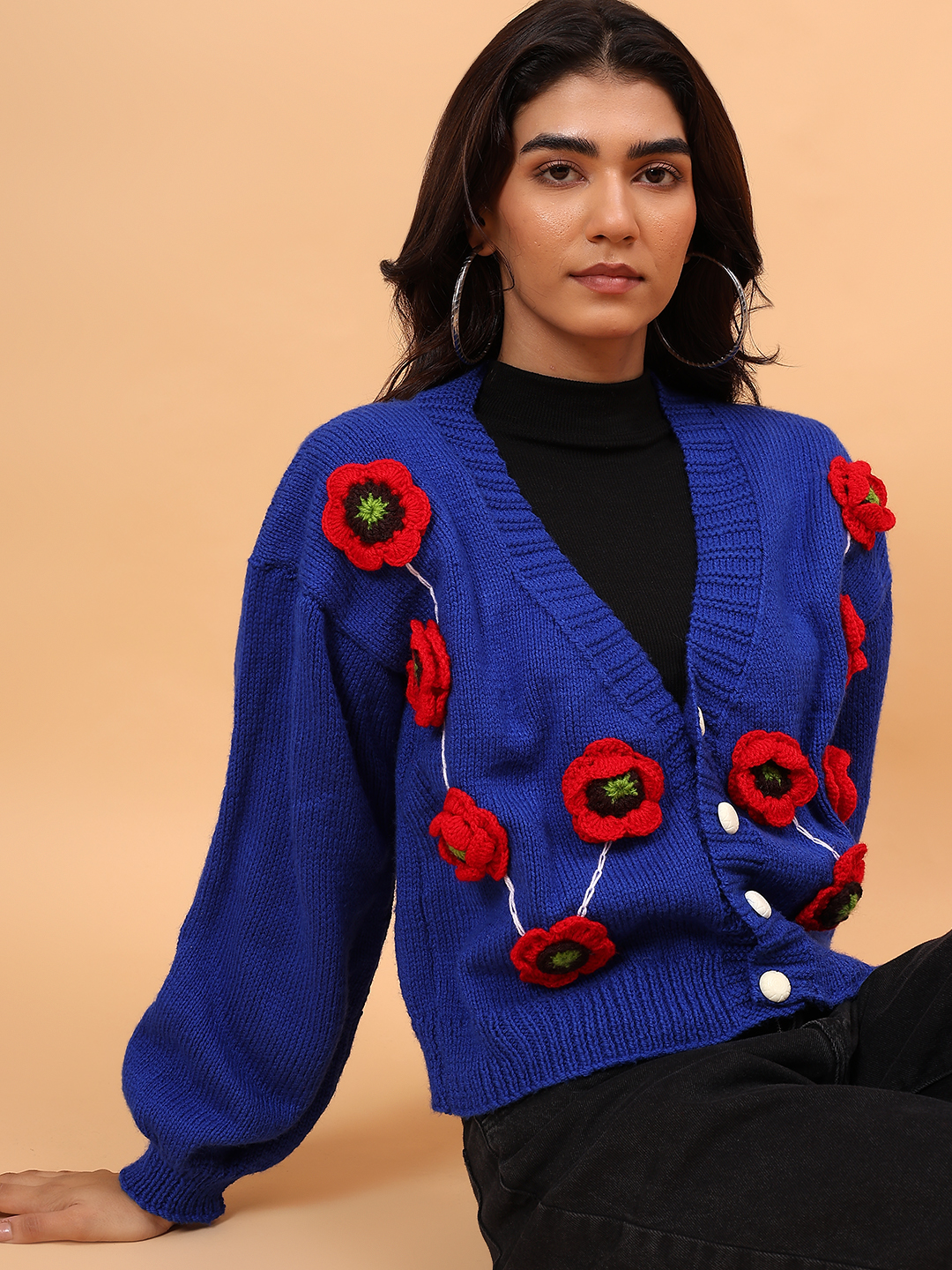 Velvery Floral Applique Cardigan - Blue