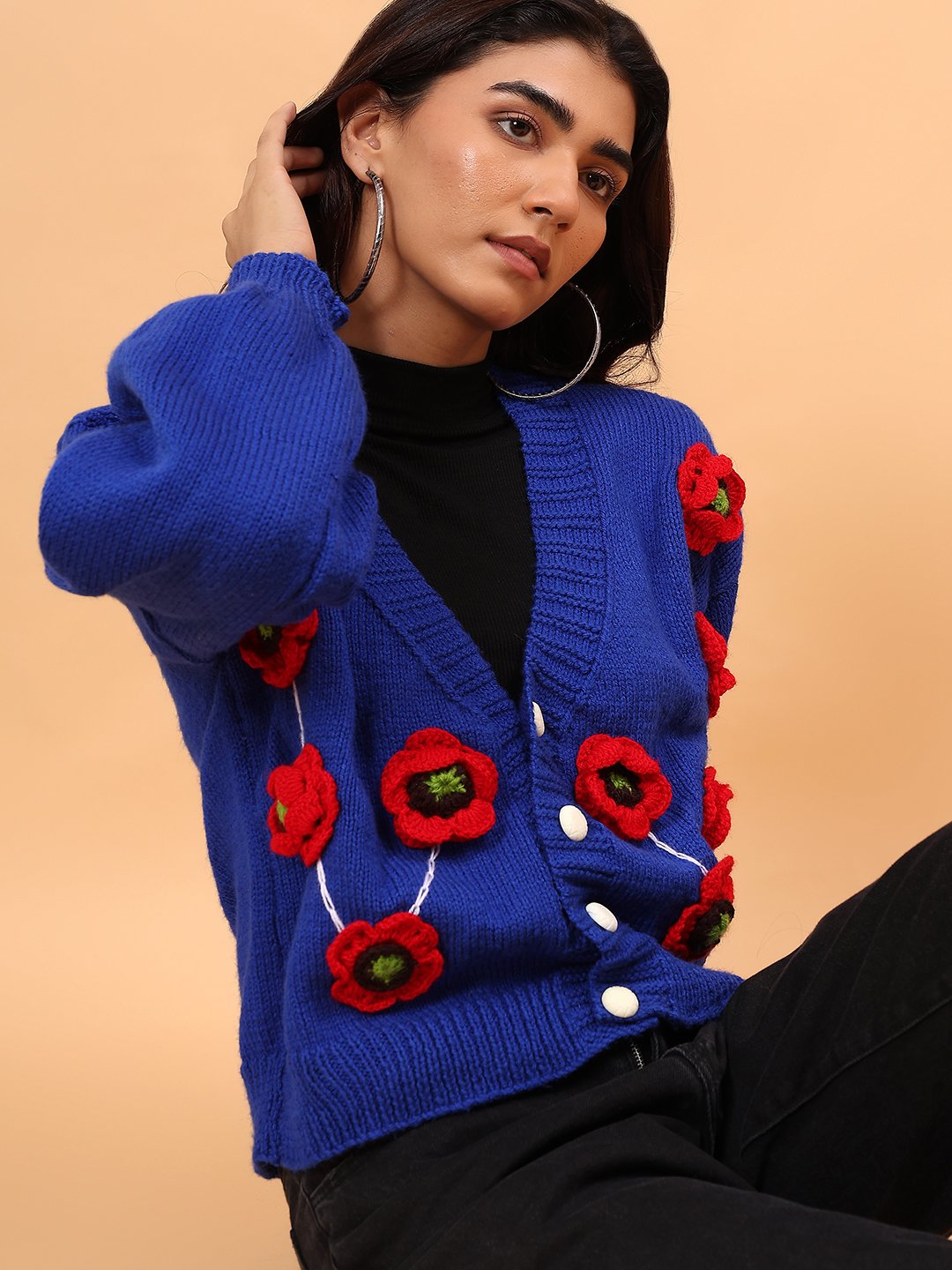 Velvery Floral Applique Cardigan - Blue