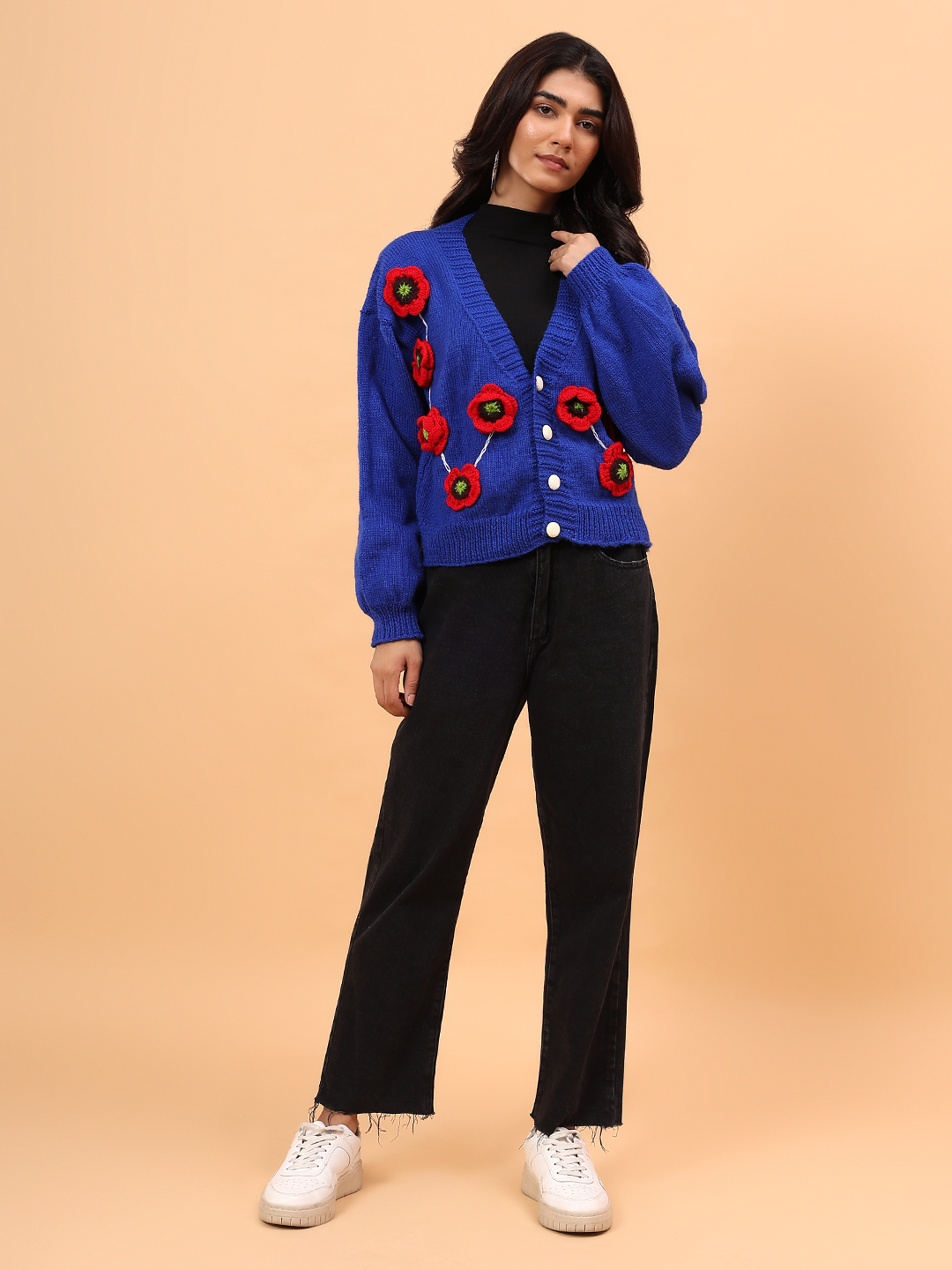 Velvery Floral Applique Cardigan - Blue